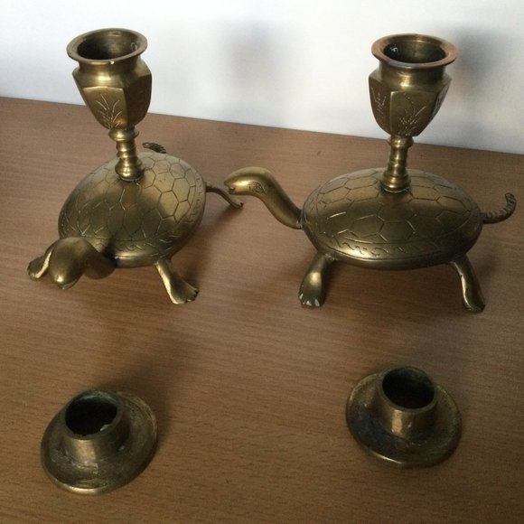 Vintage pair Chinese solid brass Candlestick holders Turtle base removeable top - Picture 6 of 8